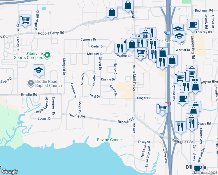 map of restaurants, bars, coffee shops, grocery stores, and more near 549 Tasha Drive in D'Iberville