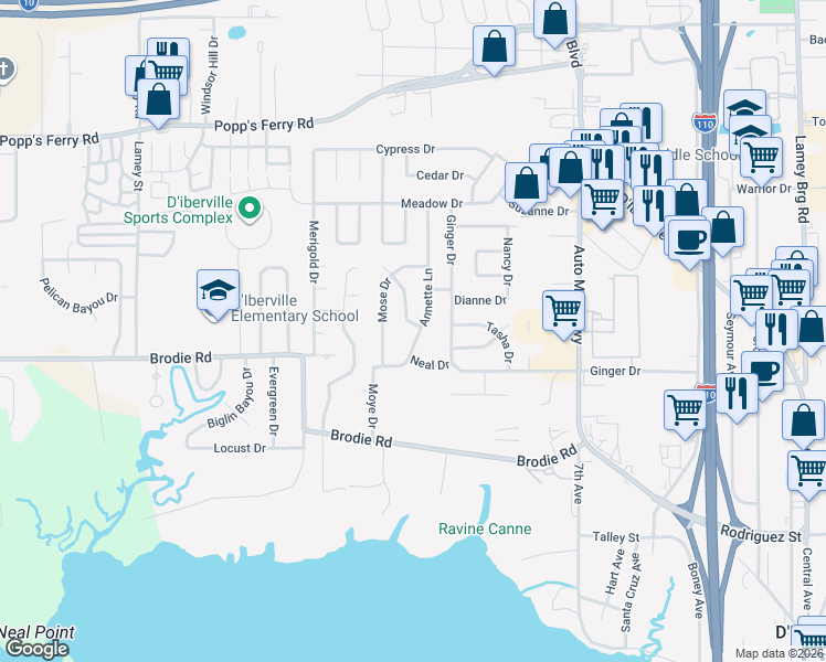 map of restaurants, bars, coffee shops, grocery stores, and more near 303 Sunny Drive in D'Iberville