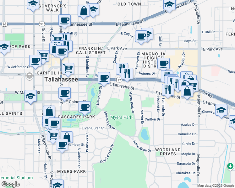 map of restaurants, bars, coffee shops, grocery stores, and more near 524 Marvin Street in Tallahassee