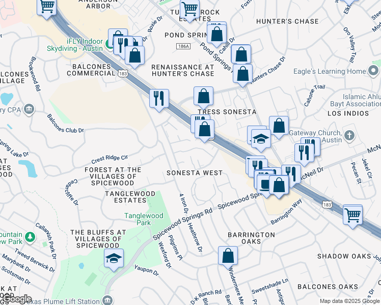map of restaurants, bars, coffee shops, grocery stores, and more near 8312 Fathom Circle in Austin