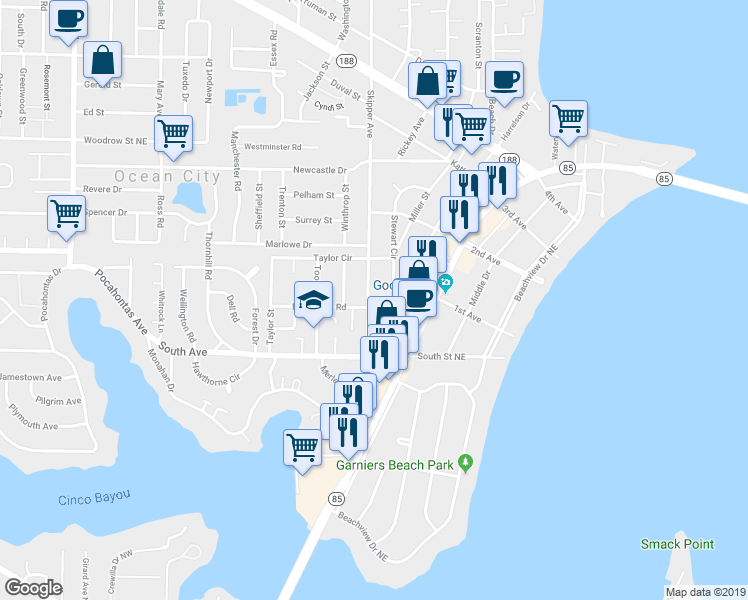 map of restaurants, bars, coffee shops, grocery stores, and more near 17 Woodham Avenue in Fort Walton Beach