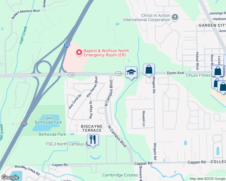 map of restaurants, bars, coffee shops, grocery stores, and more near 11052 Campus Heights Lane in Jacksonville