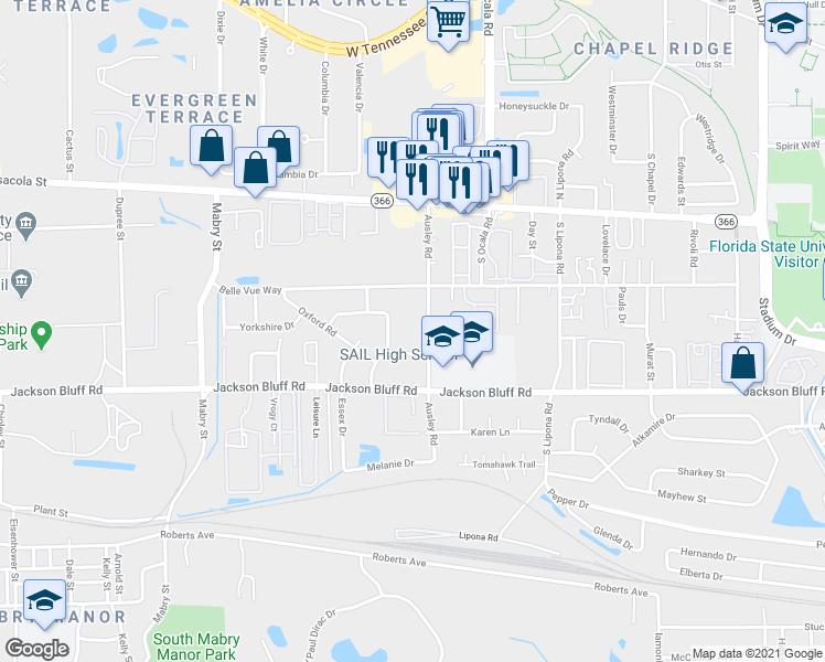 map of restaurants, bars, coffee shops, grocery stores, and more near 326 Ausley Road in Tallahassee
