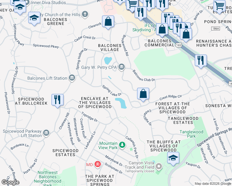 map of restaurants, bars, coffee shops, grocery stores, and more near 8905 Spring Lake Drive in Austin