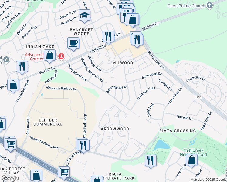 map of restaurants, bars, coffee shops, grocery stores, and more near 12706 La Salle Drive in Austin