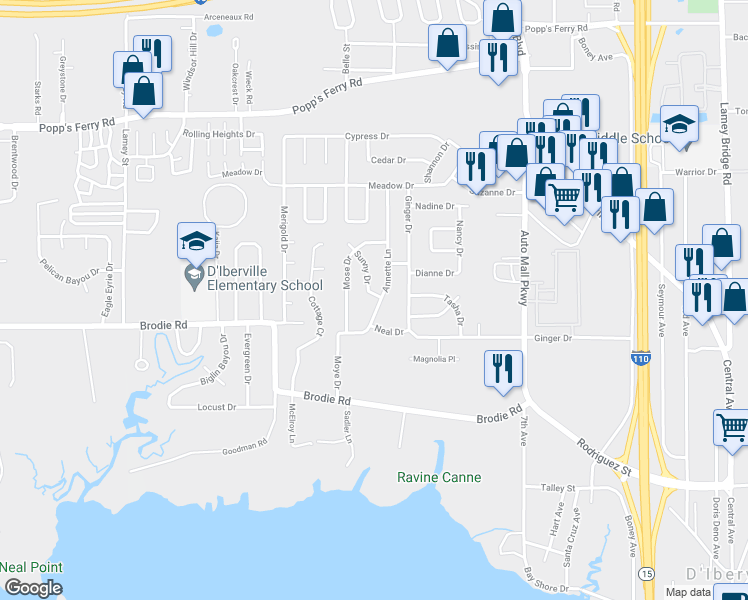 map of restaurants, bars, coffee shops, grocery stores, and more near 303 Sunny Drive in D'Iberville
