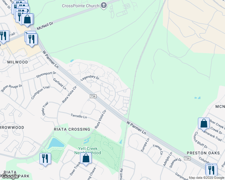 map of restaurants, bars, coffee shops, grocery stores, and more near 13201 Legendary Drive in Austin