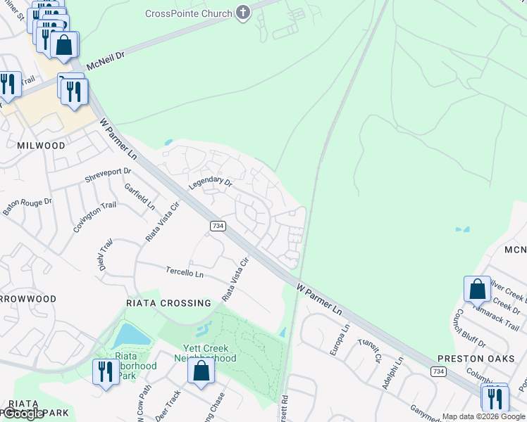 map of restaurants, bars, coffee shops, grocery stores, and more near 13206 1/2 Legendary Drive in Austin