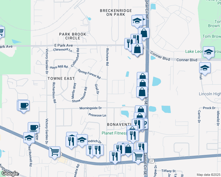 map of restaurants, bars, coffee shops, grocery stores, and more near 448 Richview Park Circle West in Tallahassee