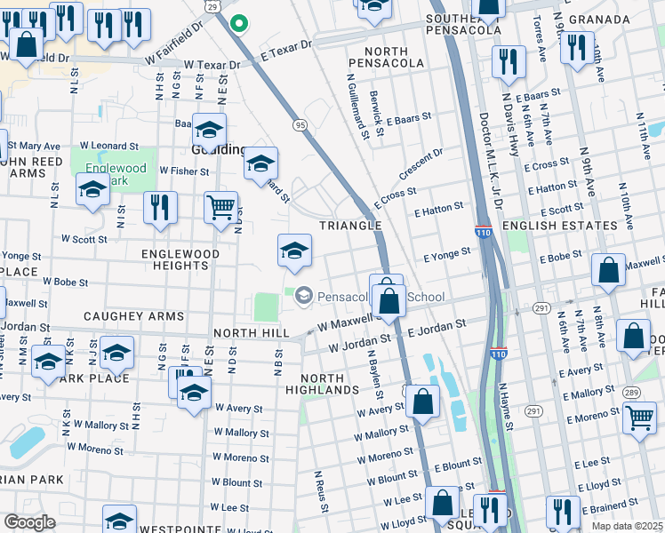 map of restaurants, bars, coffee shops, grocery stores, and more near 2408 North Spring Street in Pensacola