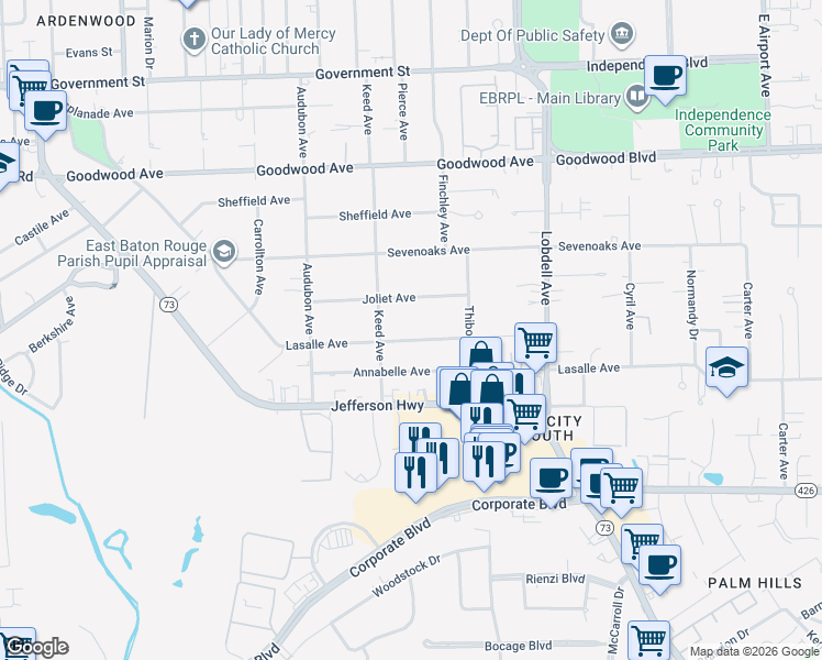 map of restaurants, bars, coffee shops, grocery stores, and more near 7111 Lasalle Avenue in Baton Rouge