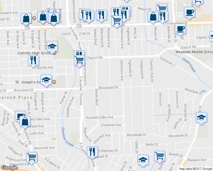 map of restaurants, bars, coffee shops, grocery stores, and more near 1378 Richland Avenue in Baton Rouge