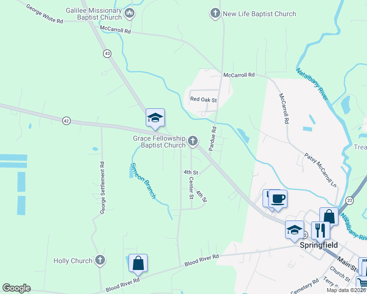 map of restaurants, bars, coffee shops, grocery stores, and more near 25276 West Street in Springfield