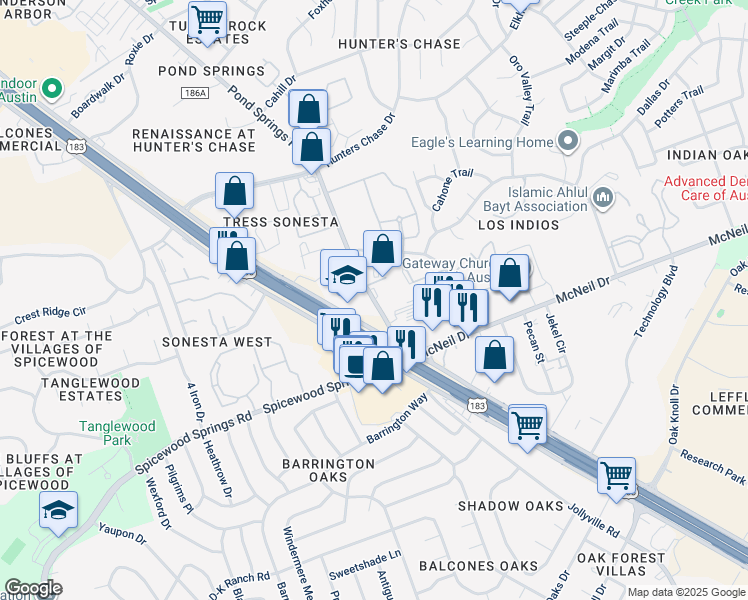map of restaurants, bars, coffee shops, grocery stores, and more near 12850 Pond Springs Road in Austin