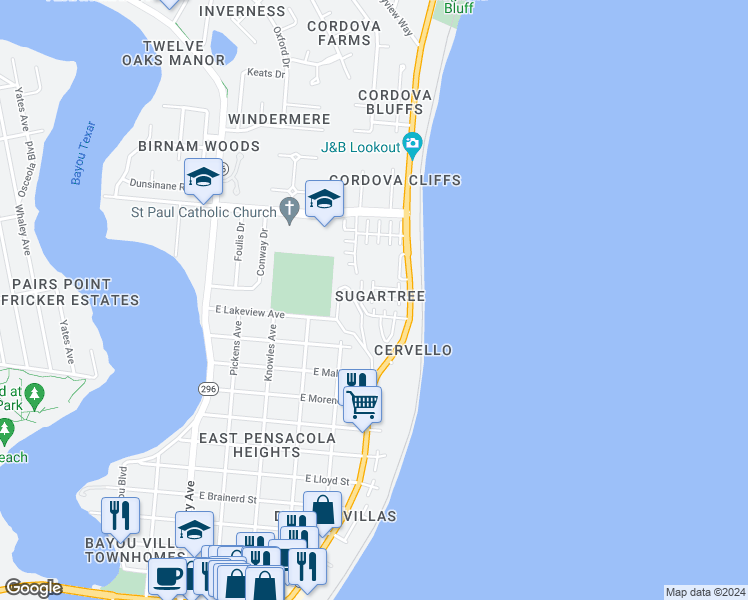 map of restaurants, bars, coffee shops, grocery stores, and more near 3301 South Sugartree Street in Pensacola