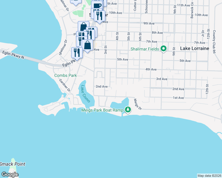 map of restaurants, bars, coffee shops, grocery stores, and more near 20 2nd Avenue in Shalimar