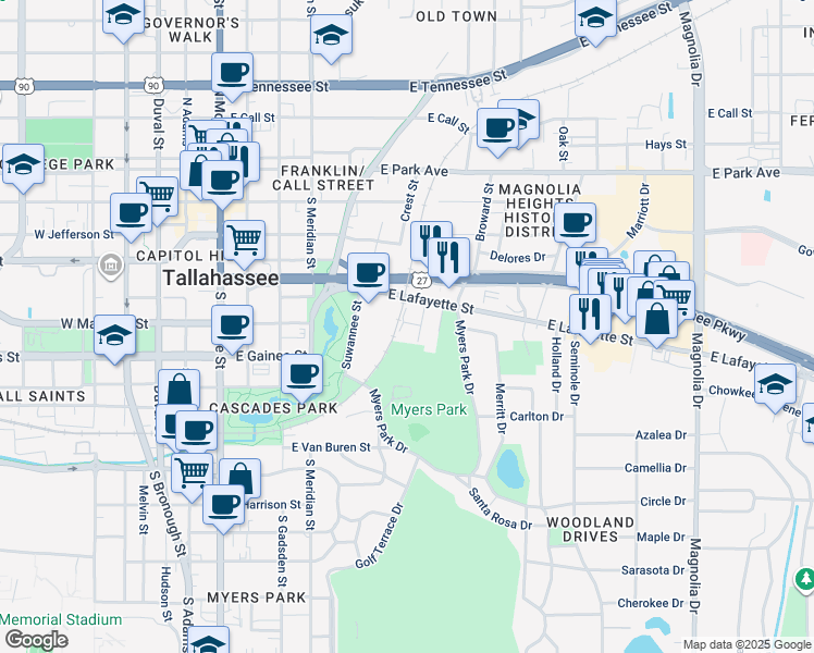 map of restaurants, bars, coffee shops, grocery stores, and more near 524 Marvin Street in Tallahassee