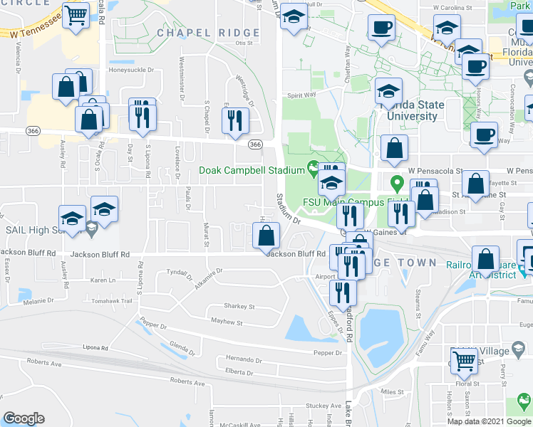 map of restaurants, bars, coffee shops, grocery stores, and more near 325 Hayden Road in Tallahassee