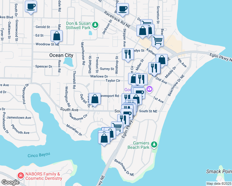 map of restaurants, bars, coffee shops, grocery stores, and more near 105 Davenport Road in Fort Walton Beach