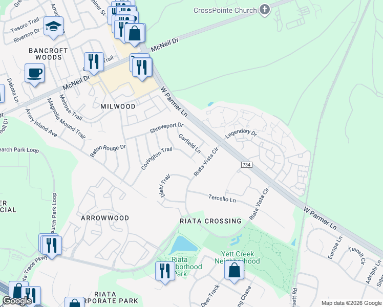 map of restaurants, bars, coffee shops, grocery stores, and more near 12902 Odie Lane in Austin