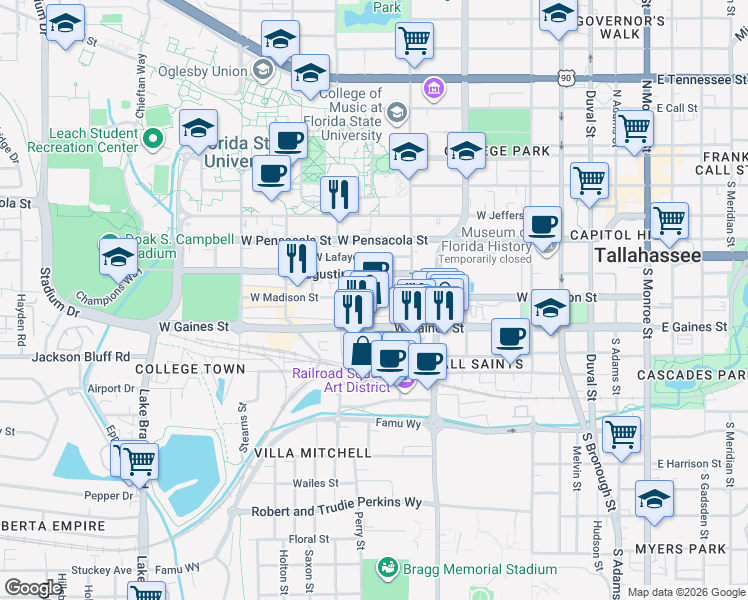 map of restaurants, bars, coffee shops, grocery stores, and more near in Tallahassee