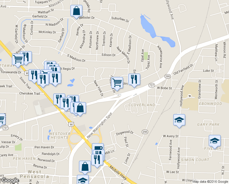 map of restaurants, bars, coffee shops, grocery stores, and more near 104 Louisiana Drive in Pensacola