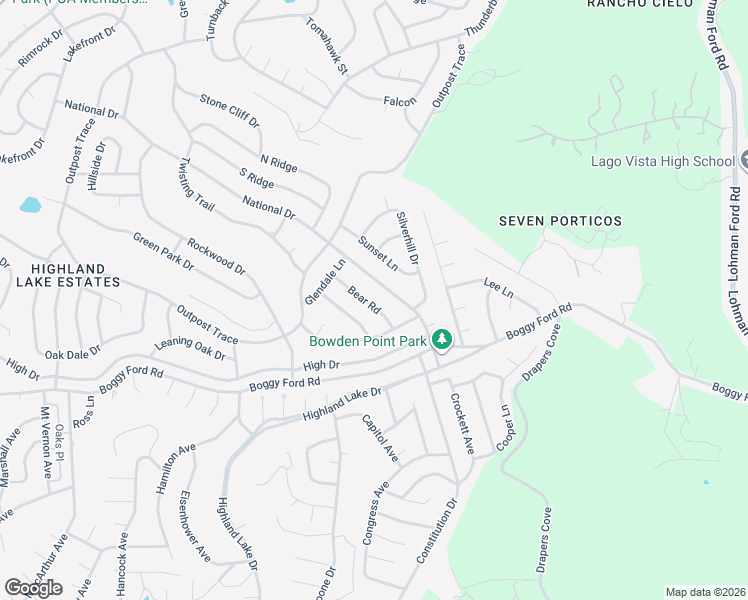 map of restaurants, bars, coffee shops, grocery stores, and more near 20403 Bear Road in Lago Vista
