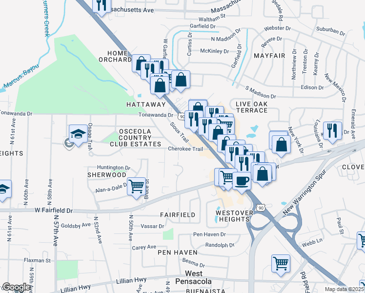 map of restaurants, bars, coffee shops, grocery stores, and more near 106 Cherokee Trail in Pensacola