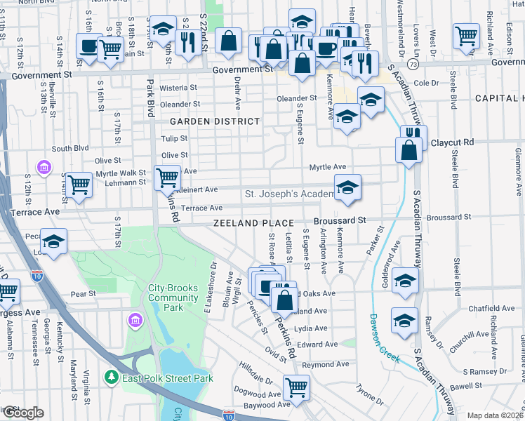 map of restaurants, bars, coffee shops, grocery stores, and more near 2408 Terrace Avenue in Baton Rouge