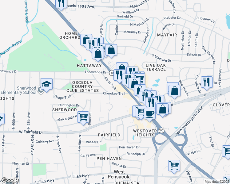 map of restaurants, bars, coffee shops, grocery stores, and more near 102 Cherokee Trail in Pensacola