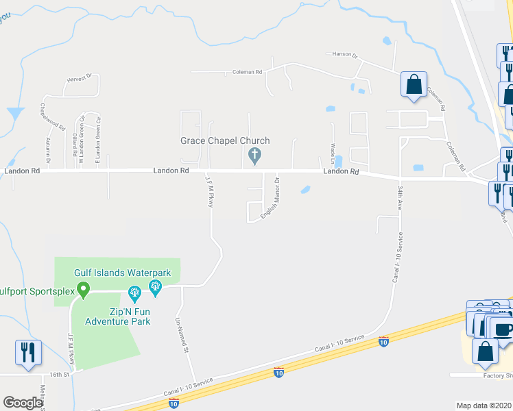 map of restaurants, bars, coffee shops, grocery stores, and more near 10214 English Manor Drive in Gulfport