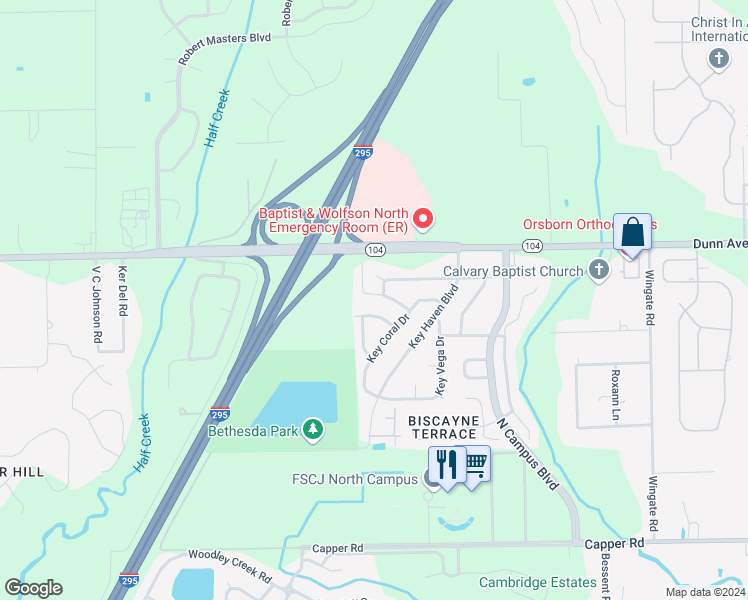map of restaurants, bars, coffee shops, grocery stores, and more near 4568 Key Woodley Drive South in Jacksonville