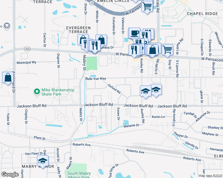 map of restaurants, bars, coffee shops, grocery stores, and more near 2301 Oxford Road in Tallahassee