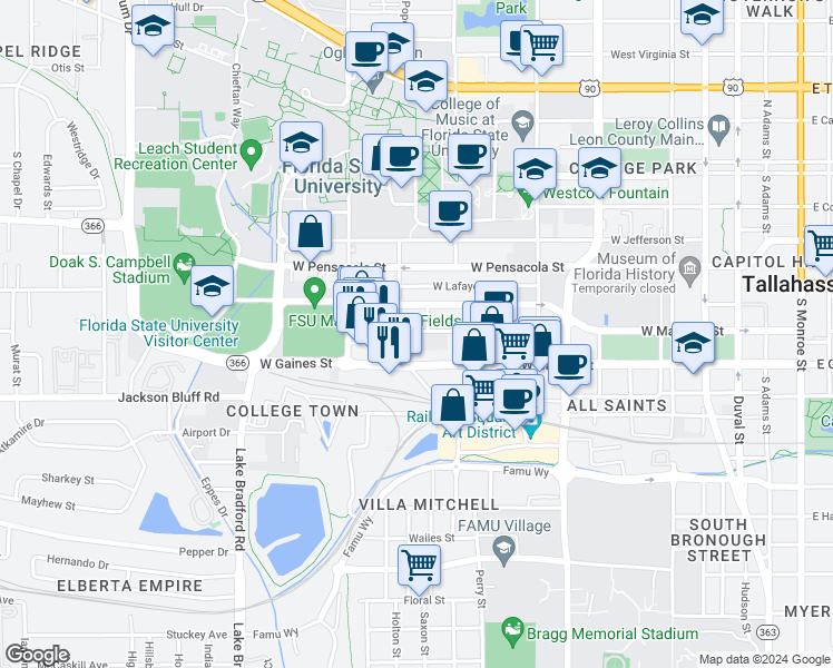 map of restaurants, bars, coffee shops, grocery stores, and more near 30 West Madison Street in Tallahassee