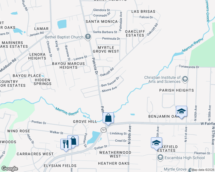 map of restaurants, bars, coffee shops, grocery stores, and more near 7155 Ben Sasser Dr in Pensacola