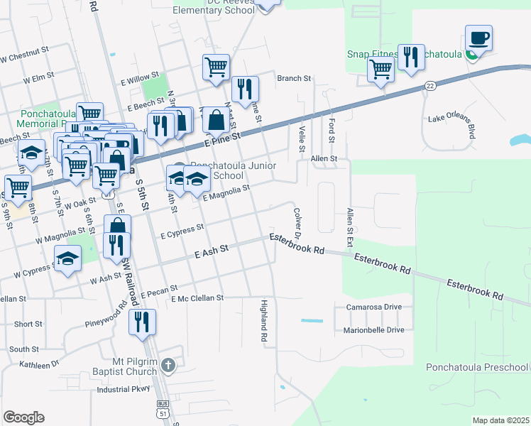map of restaurants, bars, coffee shops, grocery stores, and more near 410 South 1st Street in Ponchatoula