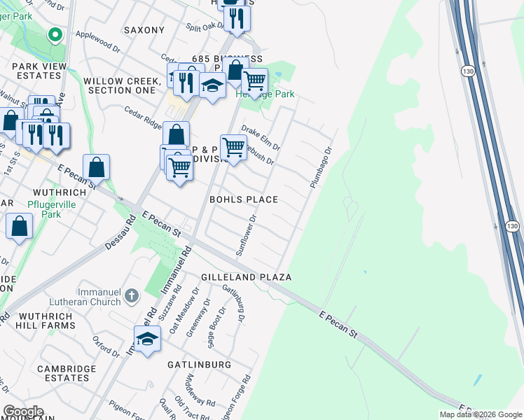 map of restaurants, bars, coffee shops, grocery stores, and more near 307 Sunflower Drive in Pflugerville