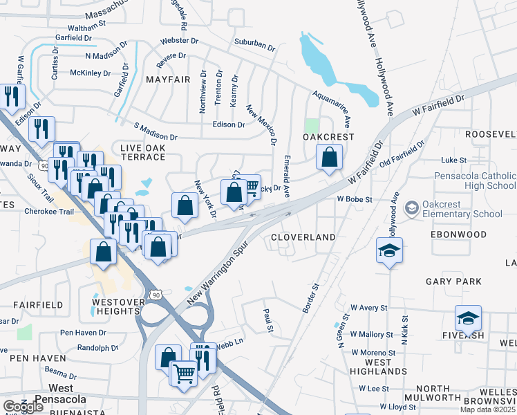 map of restaurants, bars, coffee shops, grocery stores, and more near 4020 West Fairfield Drive in Pensacola