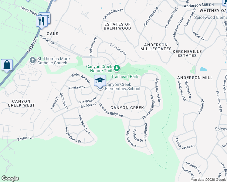 map of restaurants, bars, coffee shops, grocery stores, and more near 10900 Yorktown Cove in Austin