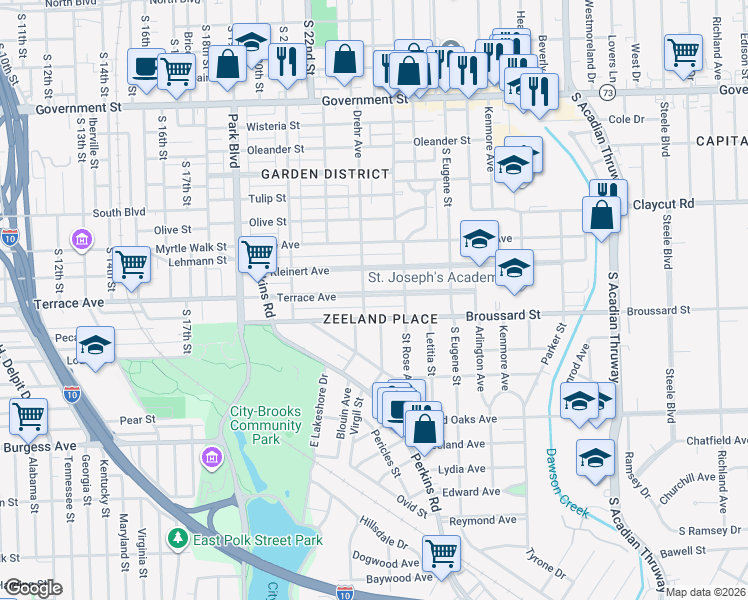 map of restaurants, bars, coffee shops, grocery stores, and more near 2408 Terrace Avenue in Baton Rouge