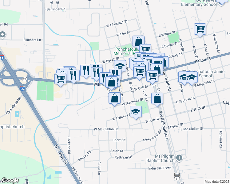 map of restaurants, bars, coffee shops, grocery stores, and more near 163 South 9th Street in Ponchatoula