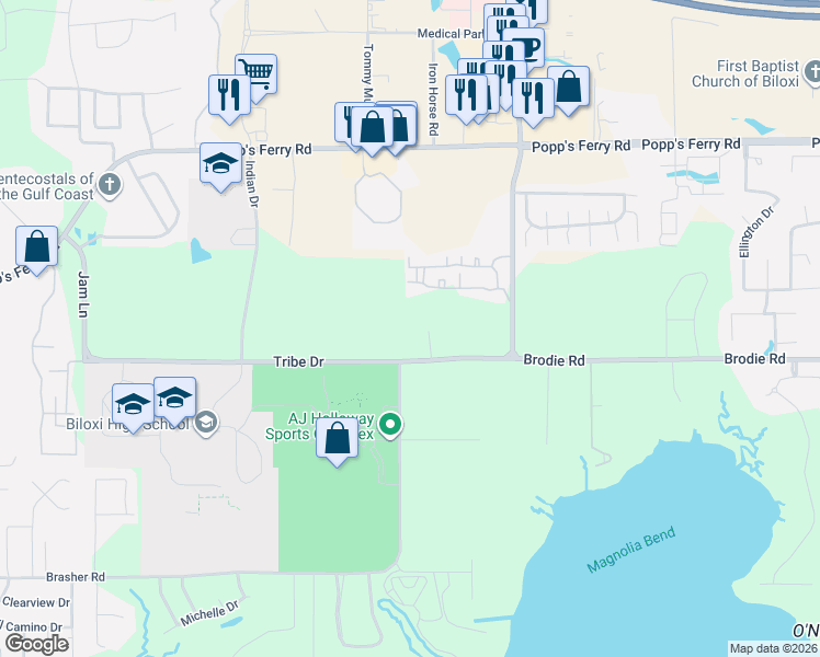 map of restaurants, bars, coffee shops, grocery stores, and more near 1748 Richard Drive in Biloxi