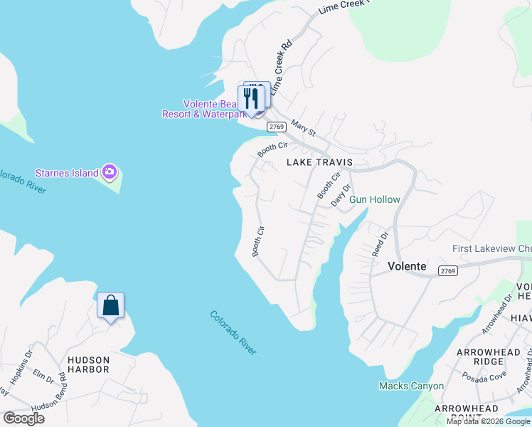 map of restaurants, bars, coffee shops, grocery stores, and more near 15900 Booth Circle in Volente