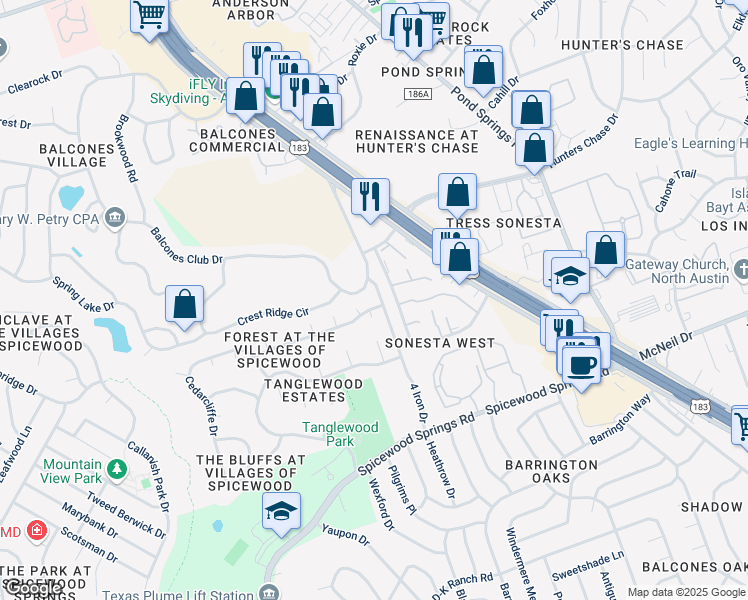 map of restaurants, bars, coffee shops, grocery stores, and more near 8600 Lemens Spice Trail in Austin