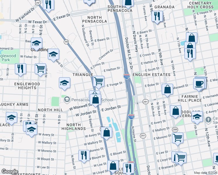 map of restaurants, bars, coffee shops, grocery stores, and more near 107 East Yonge Street in Pensacola