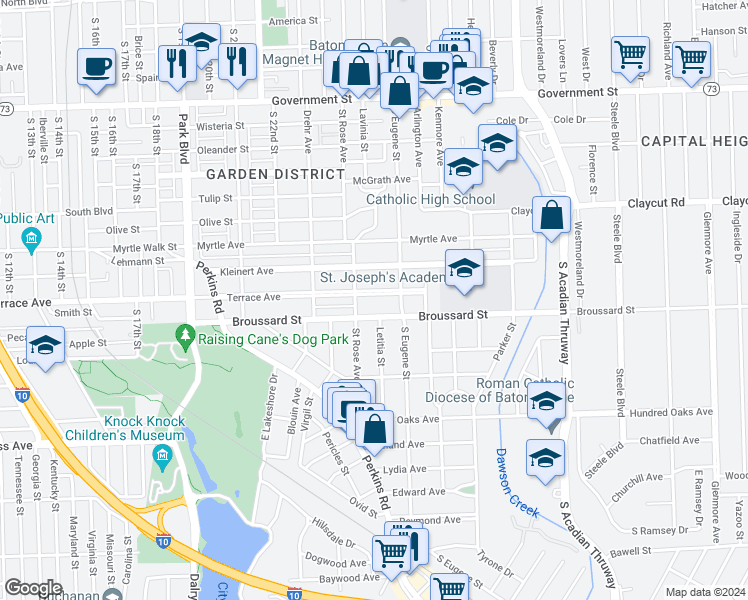 map of restaurants, bars, coffee shops, grocery stores, and more near 2546 Terrace Avenue in Baton Rouge