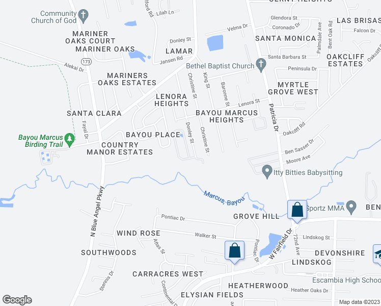 map of restaurants, bars, coffee shops, grocery stores, and more near 2707 Donley Street in Pensacola