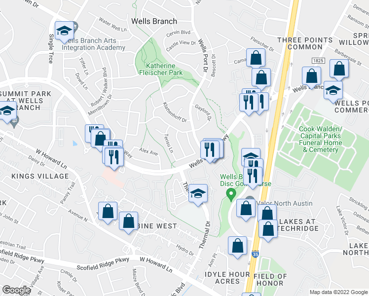 map of restaurants, bars, coffee shops, grocery stores, and more near 14307 Richard Walker Boulevard in Austin