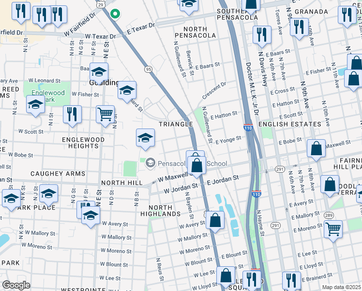map of restaurants, bars, coffee shops, grocery stores, and more near 2404 N Baylen St in Pensacola