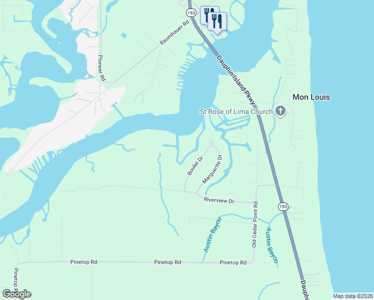 map of restaurants, bars, coffee shops, grocery stores, and more near 12246 Boulet Drive in Coden